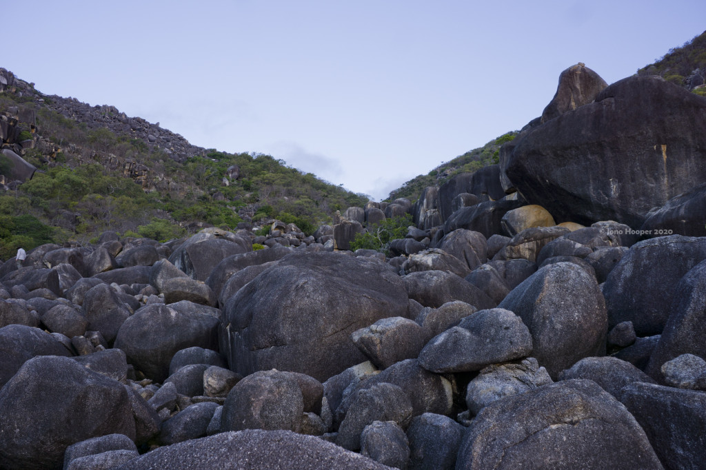 Looking up at the boulder fields of Cape Melville